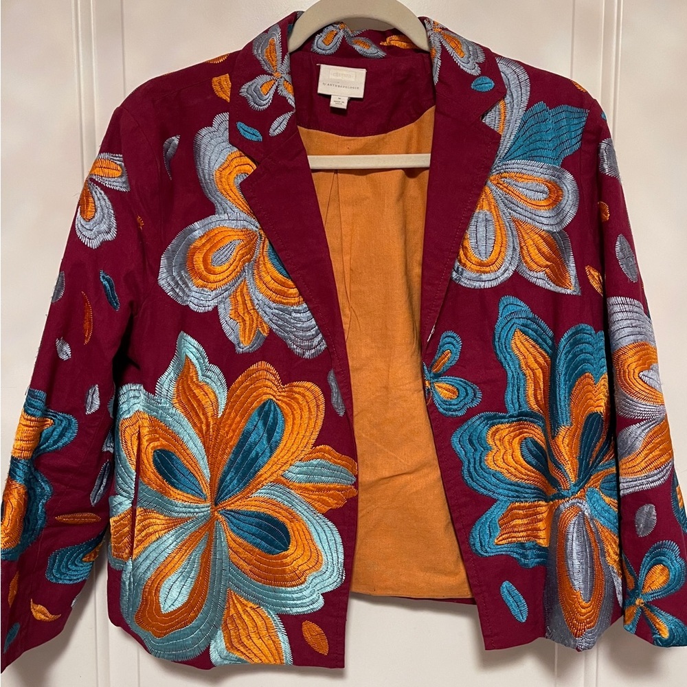 Anthropologie Jacket Woodstock Embroidered Floral Jacket Boho Art Deco Medium - Picture 6 of 7